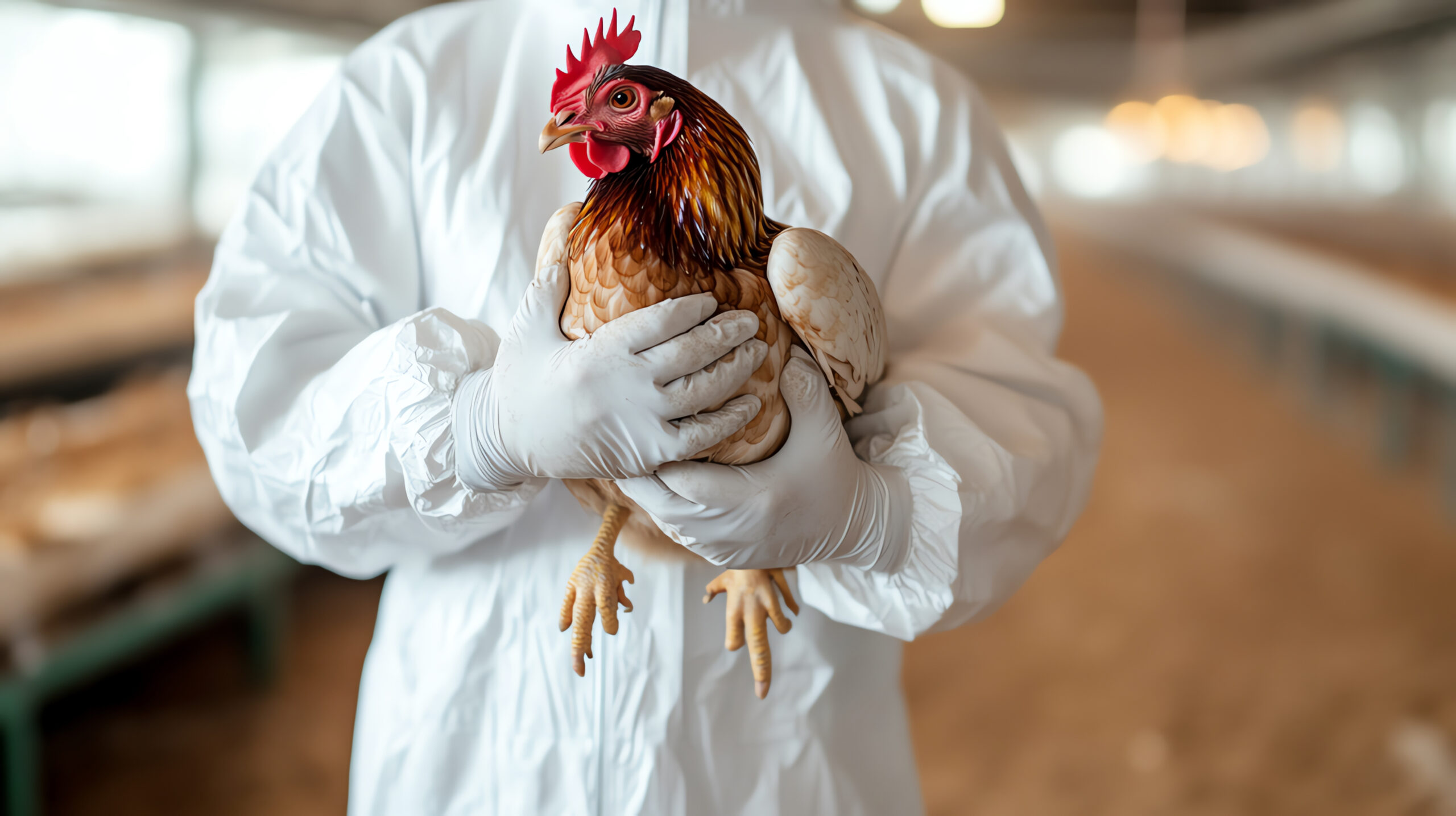 A farmer in protective gear holding a chicken in a poultry barn, highlighting the care taken in animal husbandry.